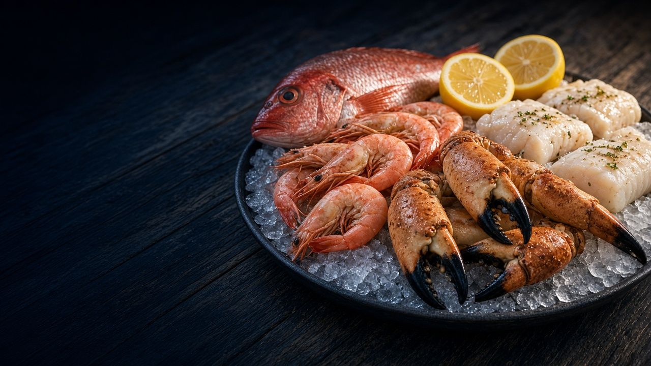 Stone crab claws, Gulf shrimp, red snapper and grouper fillets on crushed ice with lemon