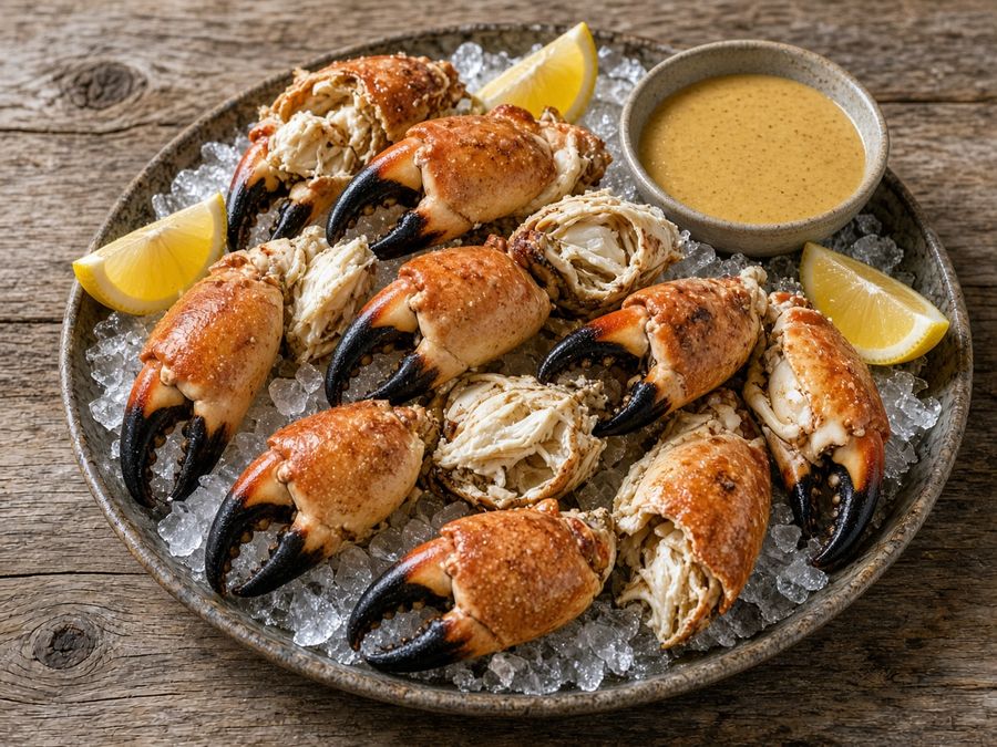 Cracked stone crab claws on ice with lemon and mustard dipping sauce